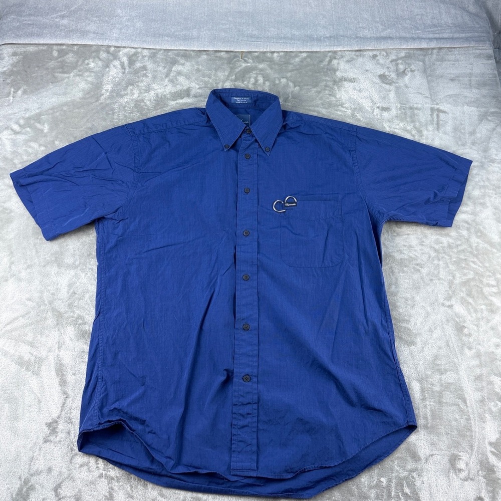Faconnable Shirt Mens L Short Sleeve Blue Button-down Cotton EUC